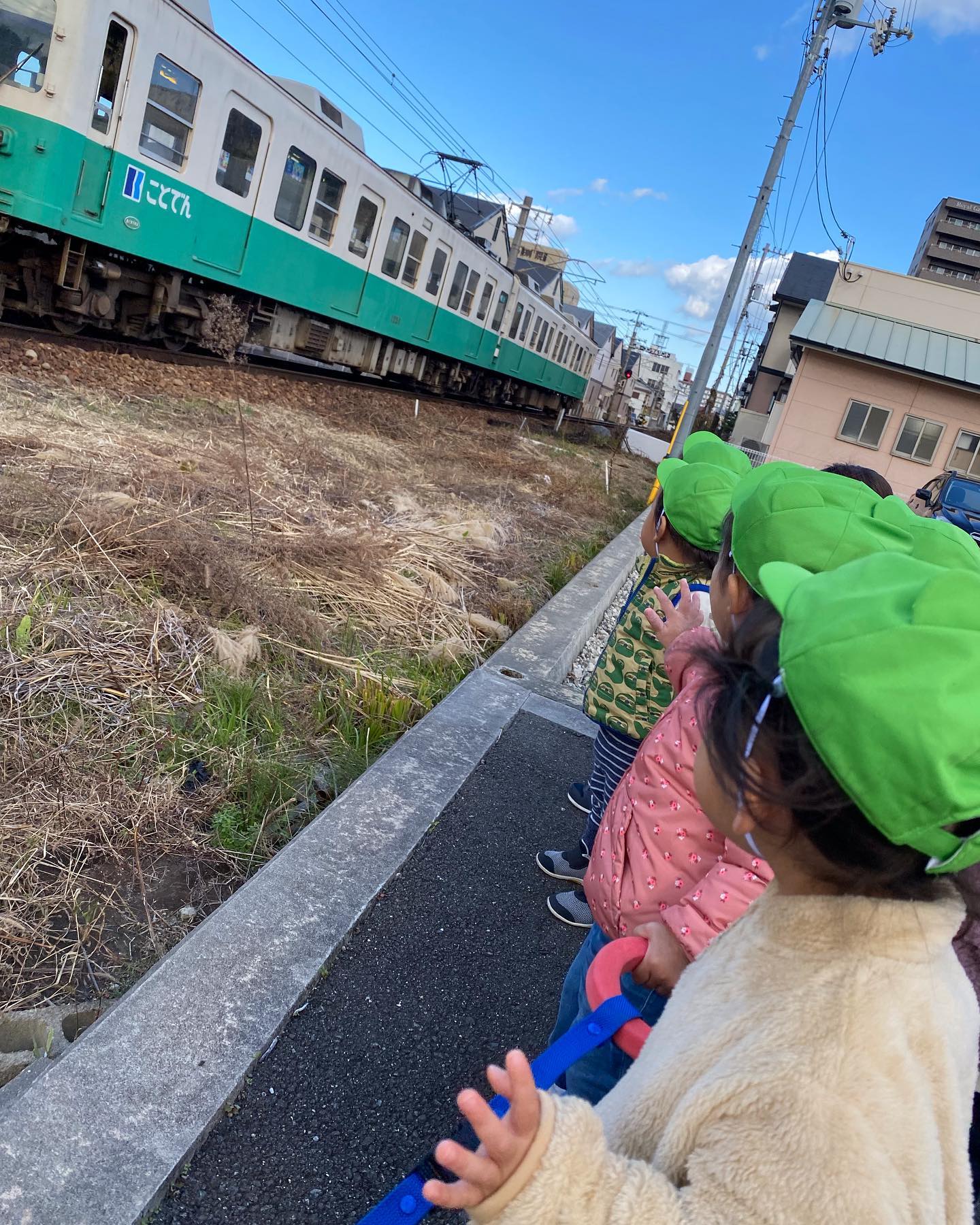 0.1歳児さんは電車の旅へ🕶いろんな色の電車が見れて大興奮♡0歳児のお友だちも一緒にあんよ‍♀️お散歩楽しいね♪#みどり栗林公園保育園#琴電 (Instagram)